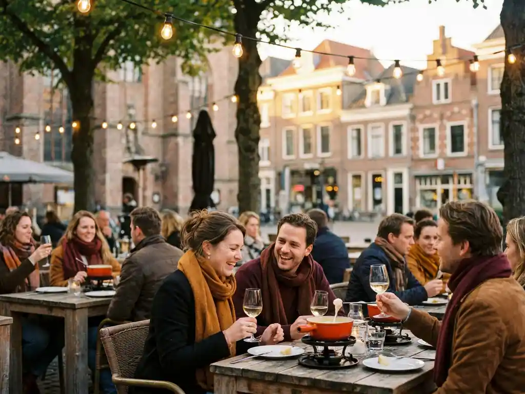 Gezellig restaurant terras in Den Bosch met gasten die genieten van kaasfondue aan houten tafels onder sfeerlichtjes