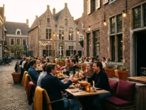Gezellig restaurantterras in Den Bosch met gasten die kaasfondue eten aan kaarslichte tafels, historische gebouwen op achtergrond