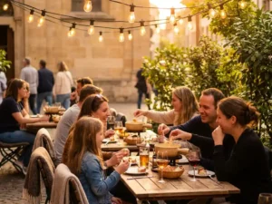 Gezellig restaurantterras met gasten die kaasfondue delen aan houten tafels onder warme sfeerverlichting tijdens gouden avondlicht
