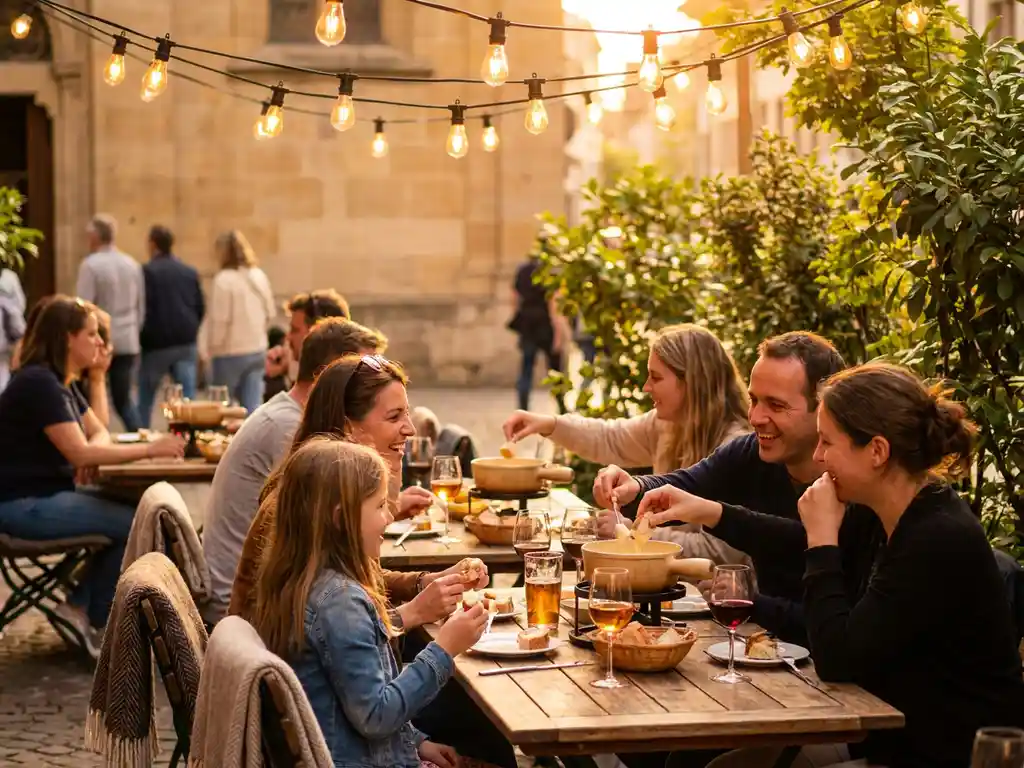Gezellig restaurantterras met gasten die kaasfondue delen aan houten tafels onder warme sfeerverlichting tijdens gouden avondlicht