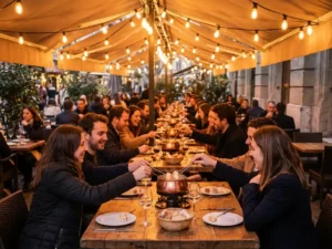 Gezellig restaurant terras met grote houten tafels waar vrienden kaasfondue delen bij warme avondverlichting