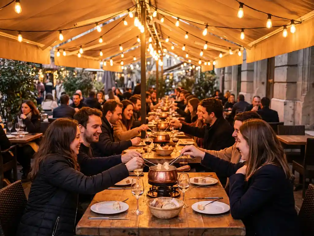 Gezellig restaurant terras met grote houten tafels waar vrienden kaasfondue delen bij warme avondverlichting