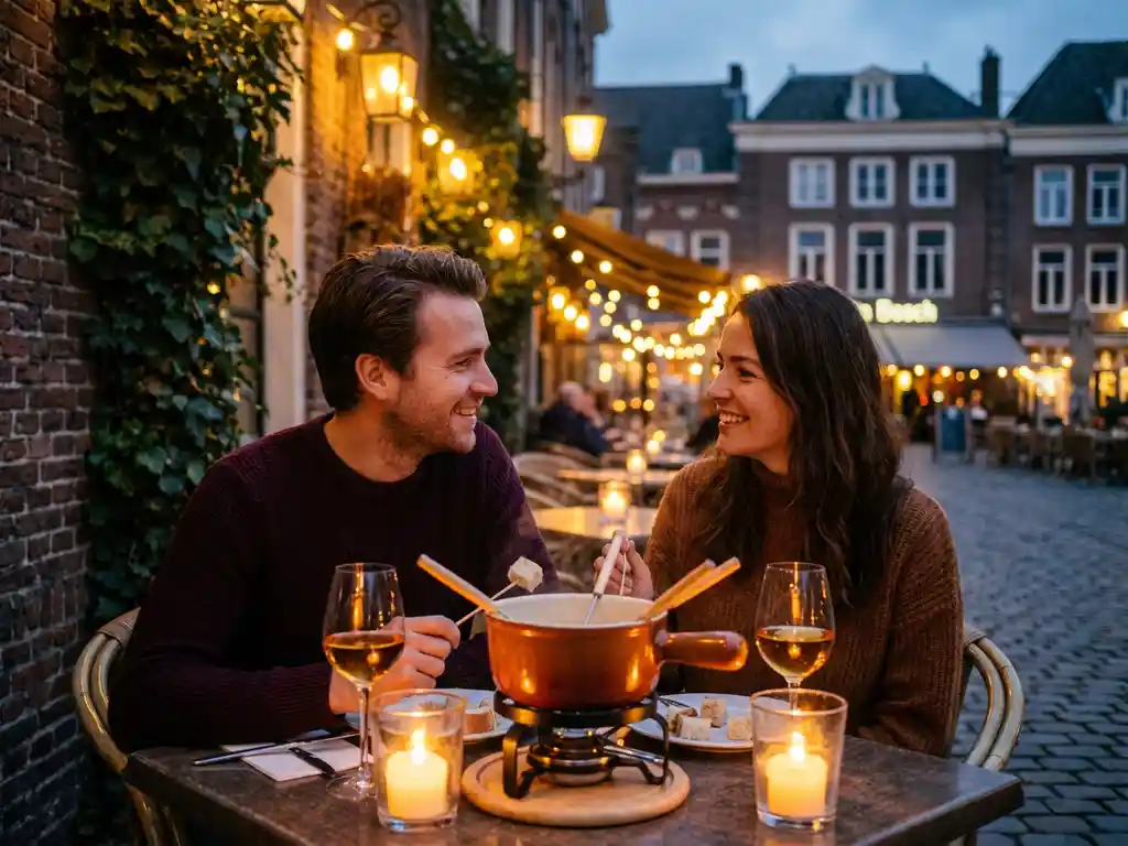 Stel deelt kaasfondue bij kaarslicht op kasseien terras in Den Bosch, hangende lantaarns verlichten bakstenen muren