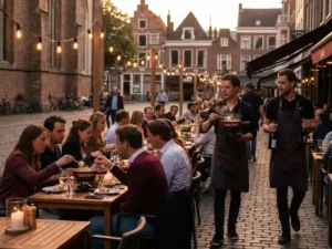 Gezellig terras in historisch Breda met gasten die kaasfondue delen aan kaarslicht onder sfeervolle lampjes
