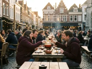 Gezellig terras in historisch Breda met gasten die kaasfondue delen aan houten tafels tijdens gouden uurtje