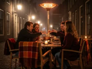 Gasten genieten van dampende kaasfondue op gezellig verlicht terras in Den Bosch met kaarslicht en warme dekens