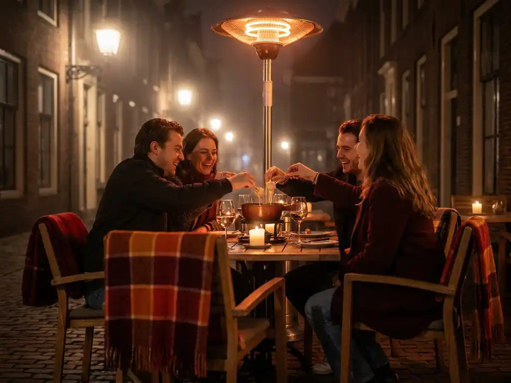 Gasten genieten van dampende kaasfondue op gezellig verlicht terras in Den Bosch met kaarslicht en warme dekens