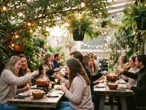 Gasten genieten van kaasfondue op houten terras met warme sfeerverlichting en groene begroeiing tijdens gouden uur