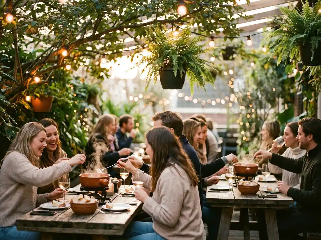 Gasten genieten van kaasfondue op houten terras met warme sfeerverlichting en groene begroeiing tijdens gouden uur