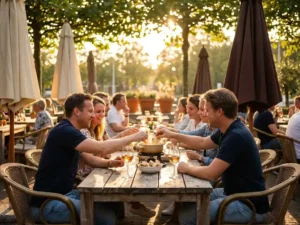 Gasten genieten van kaasfondue op houten terras tijdens gouden uur, met wijn en knapperig brood in warm zonlicht