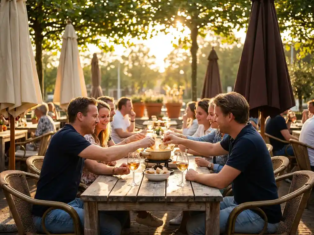 Gasten genieten van kaasfondue op houten terras tijdens gouden uur, met wijn en knapperig brood in warm zonlicht