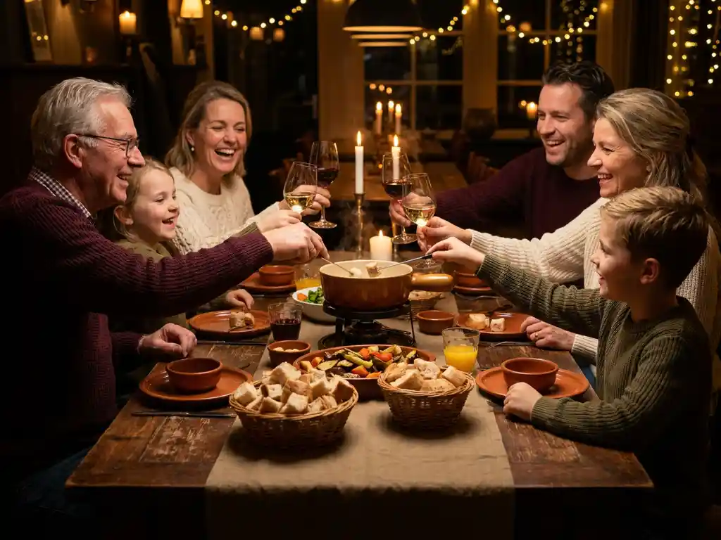 Multigenerationeel gezin rond een rustieke houten tafel met dampende fonduepot, broodblokjes en groenten bij kaarslicht.