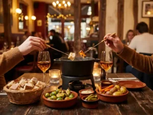 Dampende fonduepot met broodblokjes, geroosterde groenten en aarden schaaltjes op donker hout, twee koppels reiken met fonduevorken bij kaarslicht.