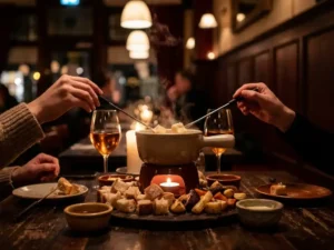 Stomende fonduepan met broodblokjes en groenten, twee koppels dippen in kaarslicht in een gezellig Breda-brasserie.