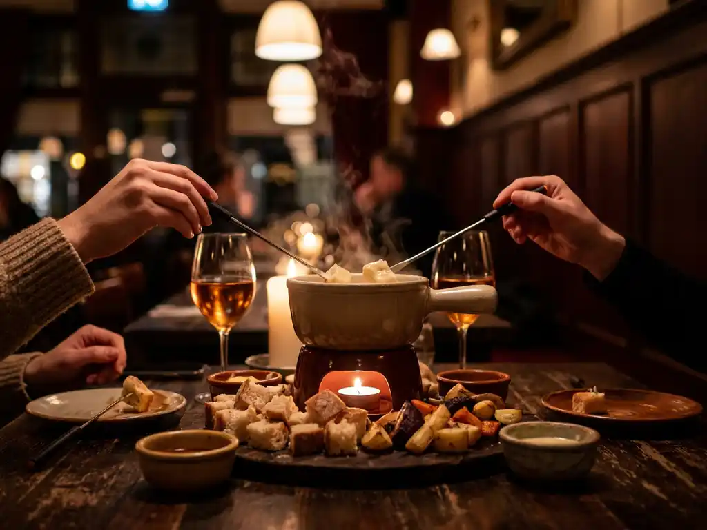 Stomende fonduepan met broodblokjes en groenten, twee koppels dippen in kaarslicht in een gezellig Breda-brasserie.