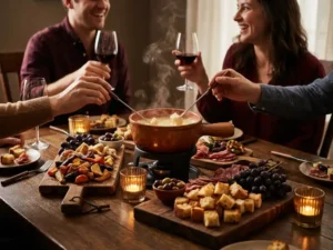 Dampende fonduepot met broodblokjes, groenten, charcuterie en druiven op rustieke houten planken bij kaarslicht in een intieme brasserie.