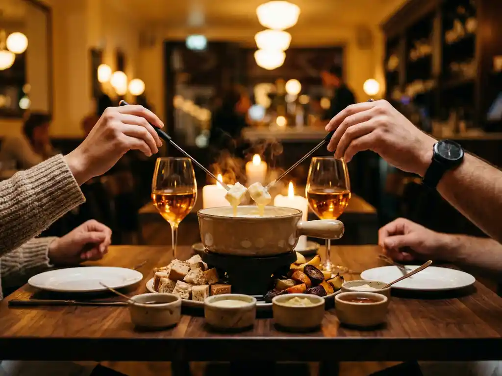Dampende fonduekaas in gietijzeren pot met broodblokjes, geroosterde groenten en twee paar handen met fonduevorkjes bij kaarslicht.