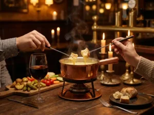 Dampende kaasfondue in rustieke pot op donker houten tafel, handen dippen brood, rode wijn en groenten bij kaarslicht.