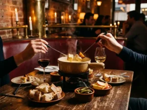 Dampende fonduepot met broodblokjes, groenten en aardewerkschaaltjes, twee koppels reiken met lange vorken op een rustieke houten tafel bij kaarslicht.