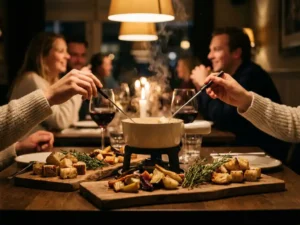 Dampende fonduepan op rustiek houten bord met broodblokjes, groenten en kruiden, twee handen reiken ernaar in kaarslicht.