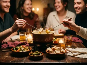 Stomende fonduepot met broodblokjes en geroosterde groenten, handen met fonduevorkjes, wijnglazen in kaarslicht op donker houten tafel.