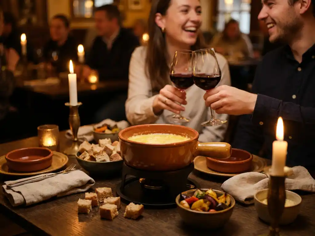 Borrelende kaasfondue pot omringd door broodblokjes en groenten, terwijl gasten lachend het glas heffen bij kaarslicht op een donkere eikentafel.