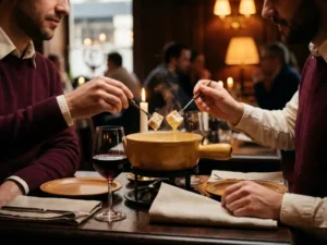Stel deelt kaasfondue bij kaarslicht in brasserie, met rustiek brood, rood wijnglas en aardewerken schalen op donker houten tafel.