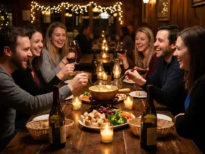 Vrienden lachen rond een rustieke houten tafel bij een dampende fonduepot met brood, druiven en gesmolten kaas in kaarslicht.