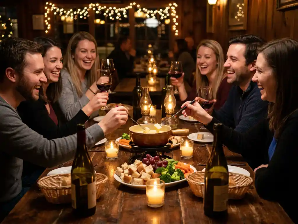Vrienden lachen rond een rustieke houten tafel bij een dampende fonduepot met brood, druiven en gesmolten kaas in kaarslicht.