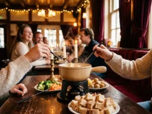 Dampende kaasfondue pot met broodblokjes en groenten, twee handen met lange vorken in kaarslicht Nederlands brasserie-interieur.