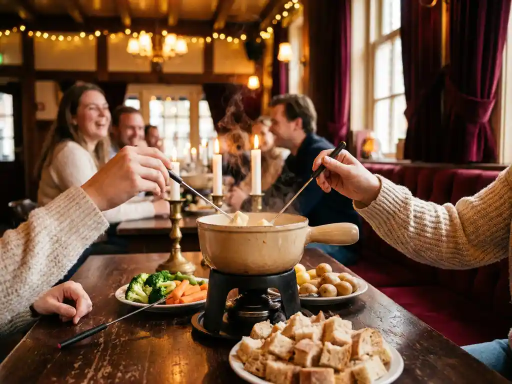 Dampende kaasfondue pot met broodblokjes en groenten, twee handen met lange vorken in kaarslicht Nederlands brasserie-interieur.