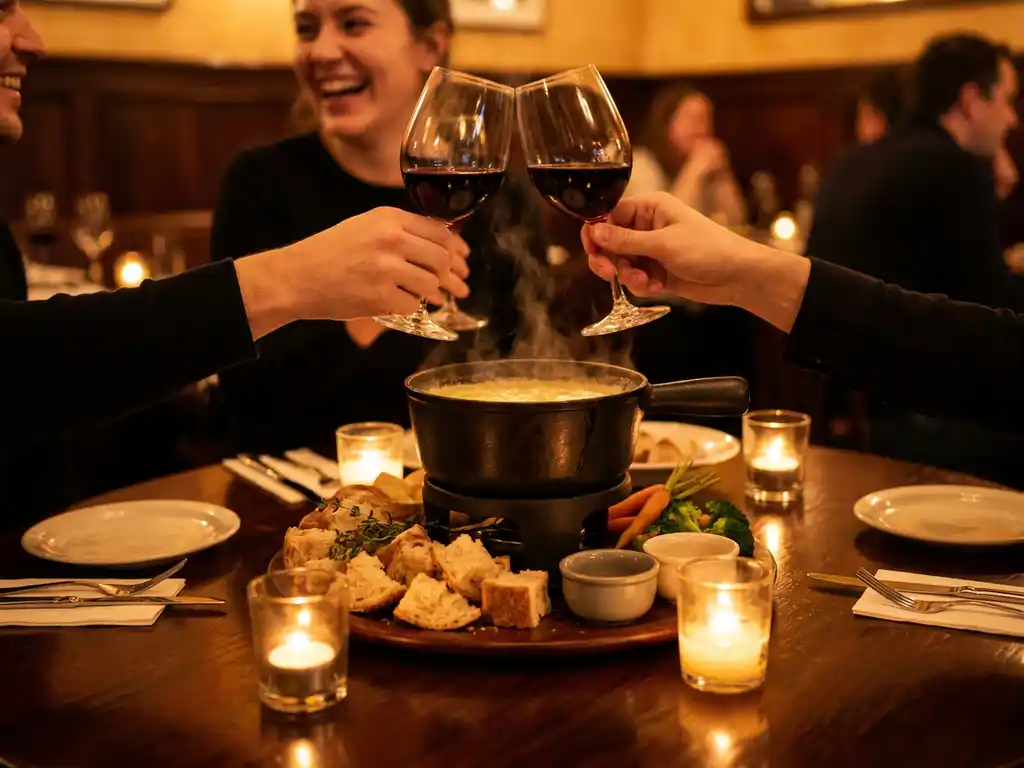 Dampende fonduepot met brood en groenten op houten tafel, gasten heffen wijnglazen in kaarslicht in een intieme brasserie.