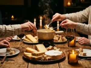 Stomende keramische fonduepot omringd door Gruyère, Comté en Brie op rustieke houten planken, handen met knapperig brood bij kaarslicht.