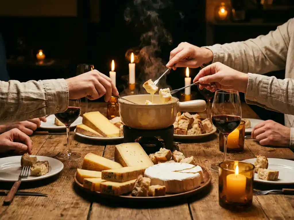 Stomende keramische fonduepot omringd door Gruyère, Comté en Brie op rustieke houten planken, handen met knapperig brood bij kaarslicht.