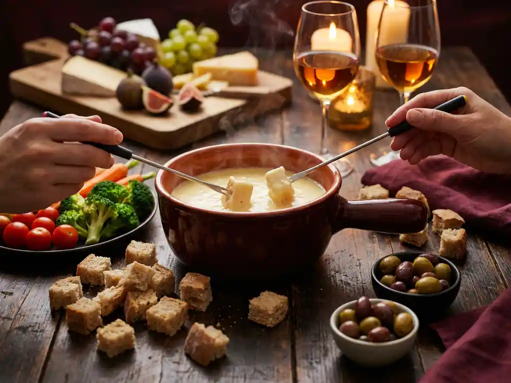 Dampende kaasfondue pot met broodblokjes, groenten en olijven, twee stellen handen met lange vorken in kaarslichtsfeer.