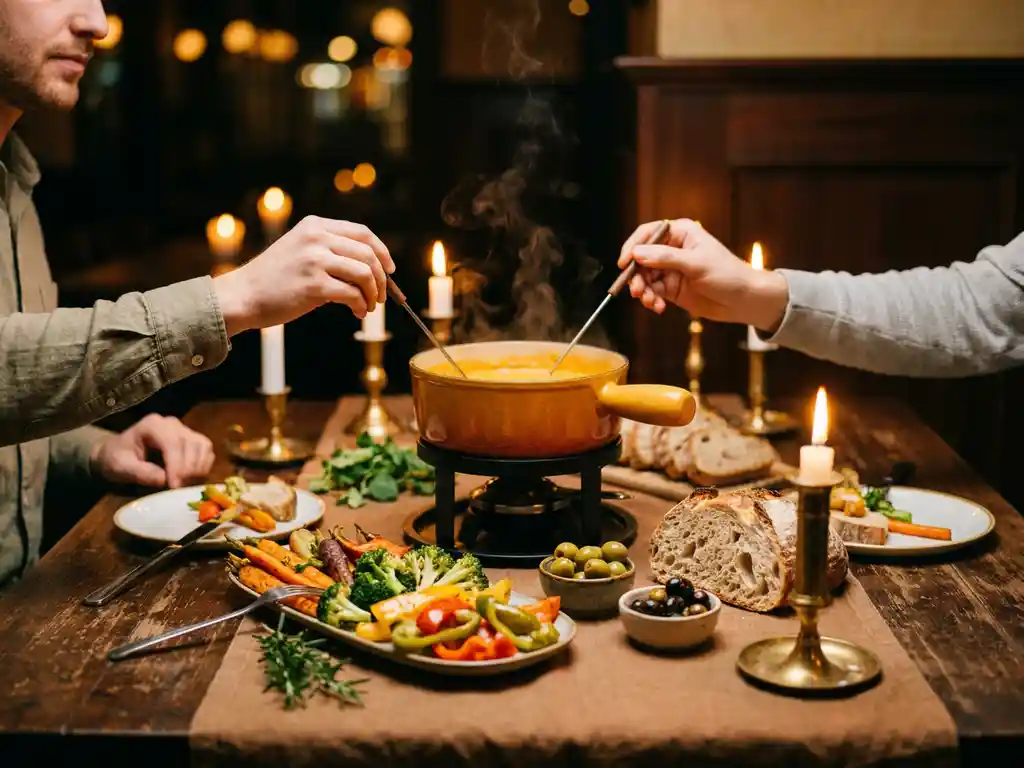 Stomende vegan kaasfondue op rustieke houten tafel, omringd door seizoensgroenten, ambachtelijk brood en olijven bij kaarslicht.