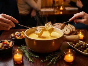 Dampende fonduepot met romige cashewkaas, handen die rustiek brood indopen, omringd door groenten en olijven bij kaarslicht.