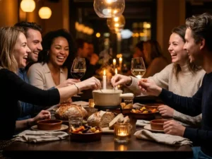 Vrienden lachen rond een kaarsenverlichte fonduestel in een brasserie in Breda, met brood, groenten en geheven wijnglazen.