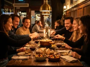 Vrienden lachen rond een kaarsverlichtte fonduesessie in een Bredase brasserie, met wijn, ambachtelijk brood en seizoensgroenten.