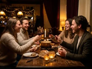 Vrienden lachen rond een rustieke houten tafel in een kaarslicht brasserie, met een dampige fonduepot en wijn.