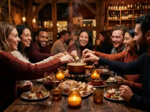 Vrienden lachen rond een kaarsverlichtte restauranttafel met een dampende fonduepot, artisanaal brood en rode wijn.