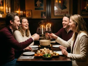 Vier vrienden lachen en proosten met wijn rond een dampige fonduepot in een kaarslicht Nederlands restaurant.