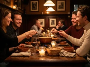 Vier vrienden lachen rond een rustieke houten tafel met een dampige kaasfondue, handen reiken naar brood bij kaarslicht in een intiem brasserie-interieur.