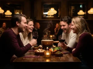 Vier vrienden lachen rond een rustieke houten tafel met een dampige fonduepot, broodblokjes, groenten en rode wijn bij kaarslicht.
