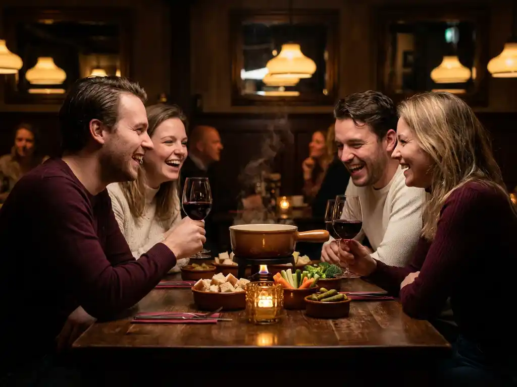 Vier vrienden lachen rond een rustieke houten tafel met een dampige fonduepot, broodblokjes, groenten en rode wijn bij kaarslicht.