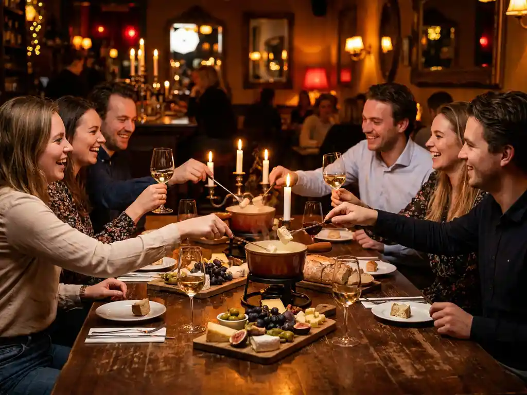 Zes vrienden rond een rustieke houten tafel bij Restaurant Smelt Den Bosch, genietend van fondue, wijn en kaasplank bij kaarslicht.