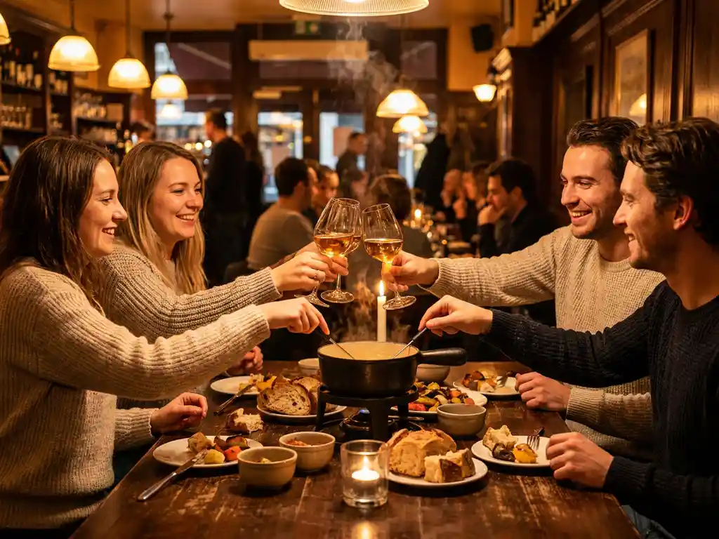 Vrienden prooten met wijn rond een dampige kaasfondue pot op een rustieke houten tafel in een intieme brasserie.