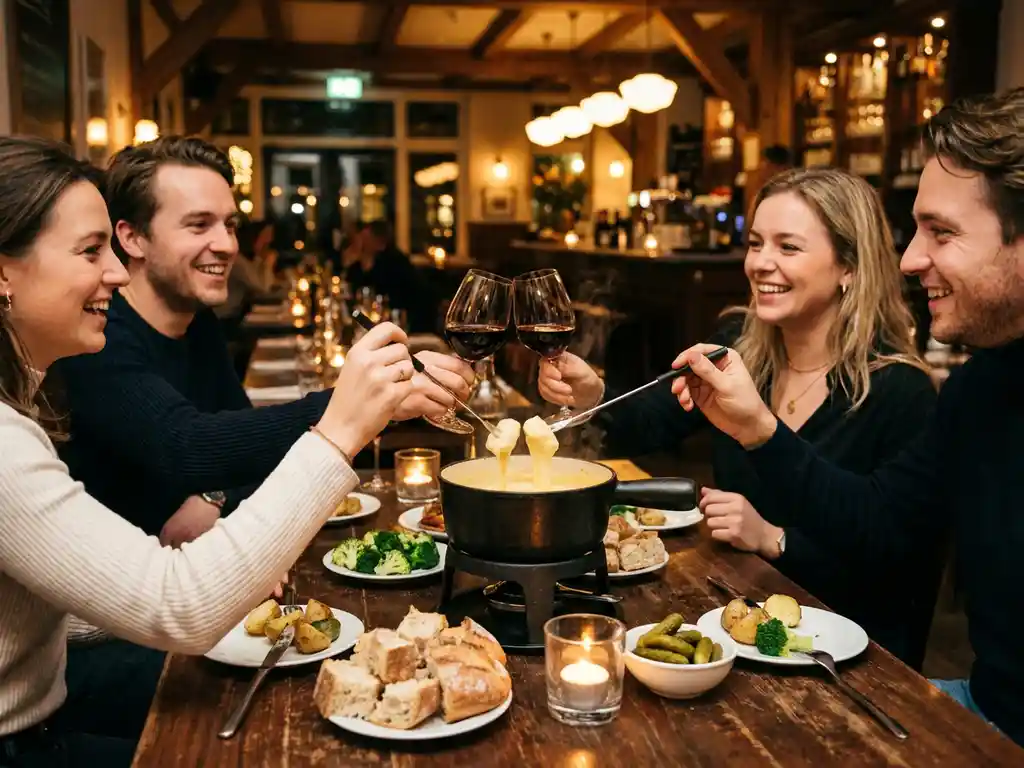 Vrienden lachen rond een kaarsverlichtte restauranttafel met dampende kaasfondue, brood en groenten in een gezellig Nederlands brasserie.